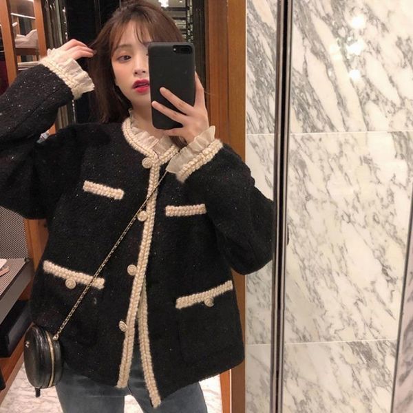 

ewq] 2021 lace bright tweed female coat women spring jacket autumn outerwear coats japan style loose casual women coats 16w1641, Black;brown