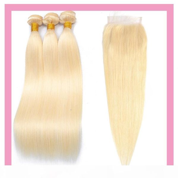 

peruvian virgin hair blonde 613# silky straight 4pcs one lot human hair wefts with 4x4 lace closure middle three part straight blonde, Black;brown