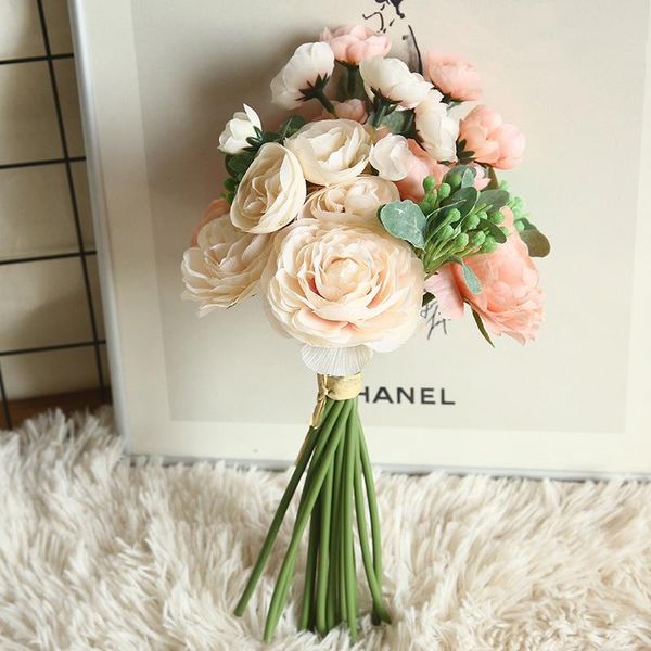 

silk ranunculus floral bouquet with greenery wedding holding flowers home office decoration sztuczne kwiaty artificial flowers
