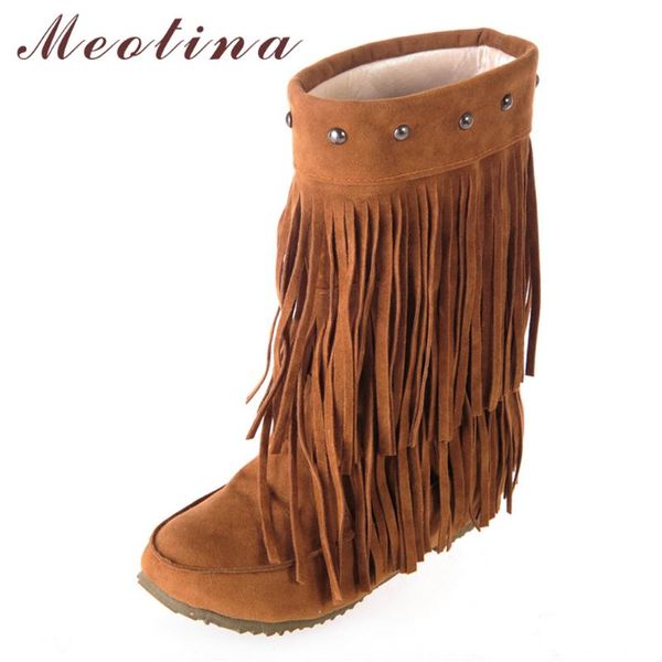 

meotina mid-calf boots women boots winter fringe height increasing heel tassel med heel shoes lady yellow large size 34-43, Black