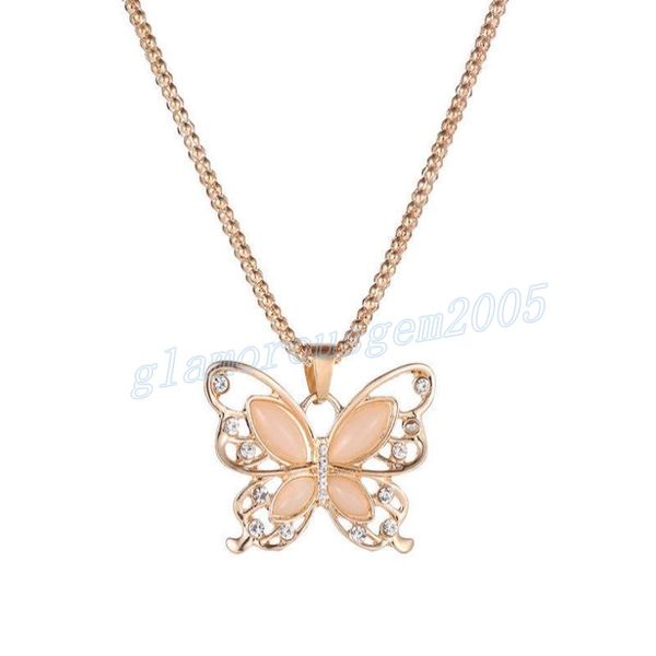 

crystal butterfly pendant necklace 18k rose gold plated sweater necklace opal stone hallow long chain charms animal fashion korea jewelry, Silver