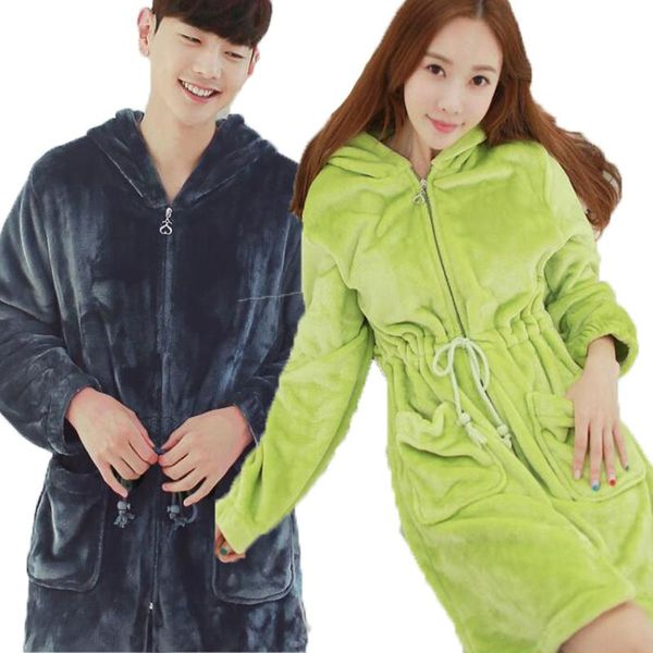 

autumn and winter flannel couples bathrobes women's men's bathrobe with hood zipper warm bath robe dressing gown for male women, Black;brown