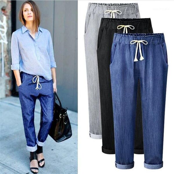 

women's jeans 2021 summer straight denim pencil pants vintage elastic waist female boyfriend for women cowboy plus size 7xl1, Blue