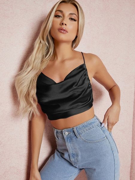 

satin cowl neck crisscross open-back crop e4gn#, White