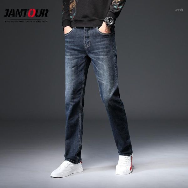 

2020 autumn winter new men's stretch-fit straight thick jeans business retro casual fashion denim trousers male blue pants 28-401