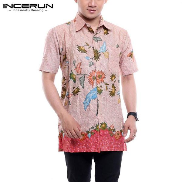 

2021 summer printed shirts incerun men short sleeve lapel neck blouse male floral loose camisa leisure buttons blusas plus size, White;black