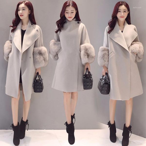 

warm wool blend faux fur sleeve long turn-down collar loose coats large size outerwear autumn/winter woolen coat jackets1, Black