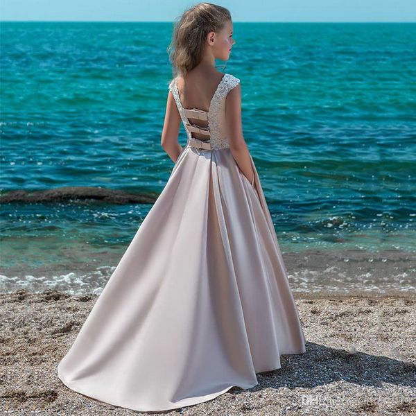 2021 Prinzessin Spitze Blumenmädchenkleider Tüll Mädchen Festzug Kleider Erstkommunion Kleider Rosa Schöne Kinder Abendkleider