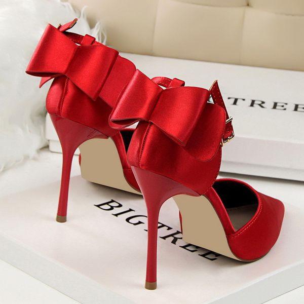 

2019 bow women pointed toe pumps dress high heels boat wedding shoes tenis feminino side with plus size 34-43 c0202, Black