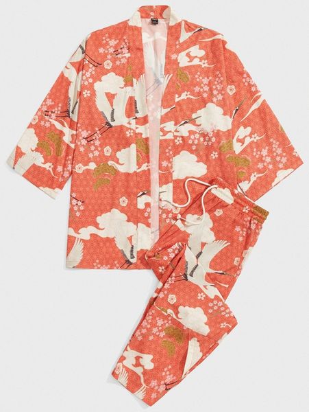 

men crane print kimono & pants set q3kj#, Gray