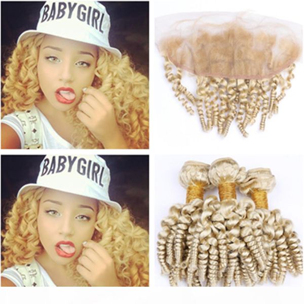 

aunty funmi russian blonde human hair bundles 3pcs with frontal closure 13x4 sprial curly #613 blonde lace frontal with virgin hair weaves, Black;brown
