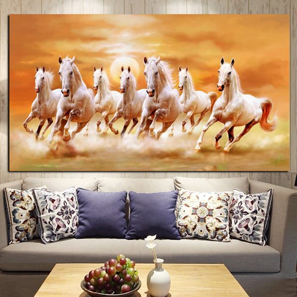 Grande Tamanho HD Imprimir Animais Artísticos Sete Correndo Pintura A óleo do Cavalo Branco na lona Pintura de parede moderna para sala de estar Cuadros lj201128