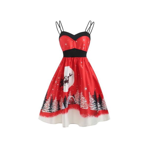 

women ladies princess vintage christmas deer printed sling sleeveless big swing high waist long dresses, Black;gray