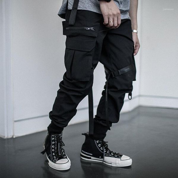 

multi-pocket hip hip streetwear men's camouflage joggers pants 2020 men cotton ribbon cargo pant trousers elastic waist new sa-81, Black