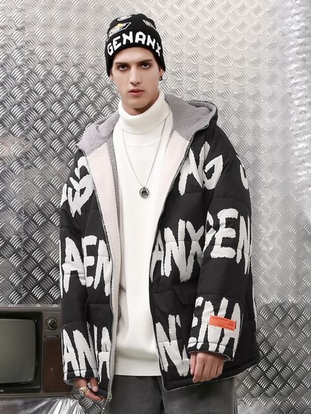 

men 1pc drop shoulder letter pattern flap pocket winter coat d3pa#, Black;brown