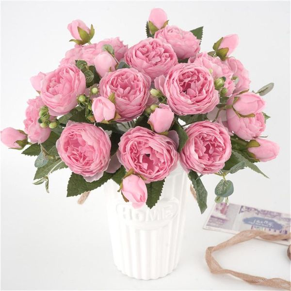 

decorative flowers & wreaths 30cm rose pink silk peony artificial bouquet 5 big head and 4 bud fake for home wedding decoration indoor