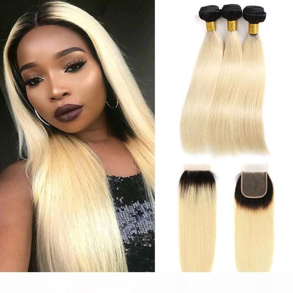 

9a brazilian virgin hair 1b 613 ombre blonde bundles with closure straight dark roots blonde hair weaves with 4*4 part lace closure, Black;brown