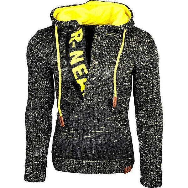 

mens winter coats spring mixed color sweater loose casual jacquard street trend hooded long sleeve hoodie, Black