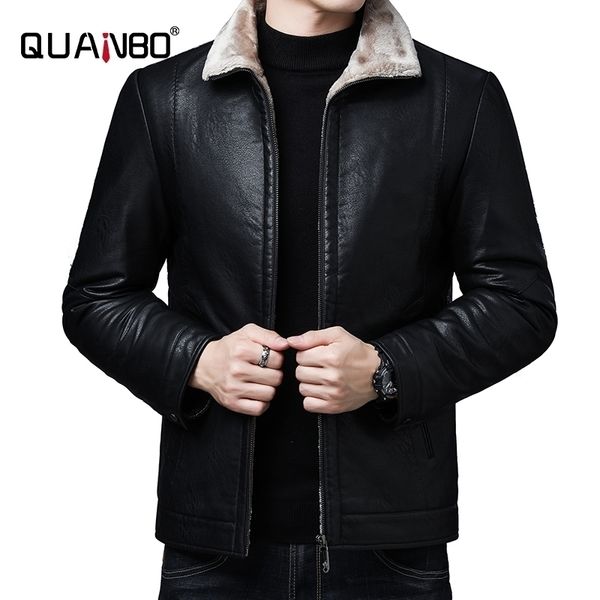 QUANBO Winter Top Qualität Wolle Liner männer Leder Jacke Neue Mode Business Casual Verdicken Warme PU Männer Pelzmantel 201114