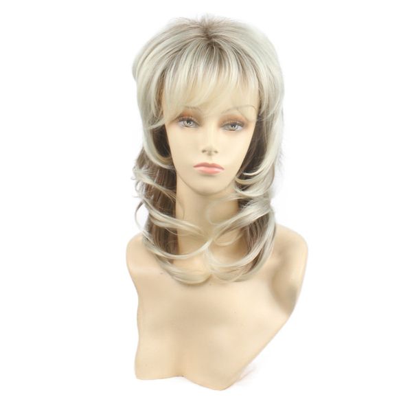 

shanghair synthetic medium length ombre blonde wig with dark root synthetic wig for women cascaded layers wig, Black