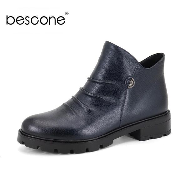 

bescone stylish ladies boots genuine leather handmade zipper shoes basic round toe square heel women boots bc341, Black