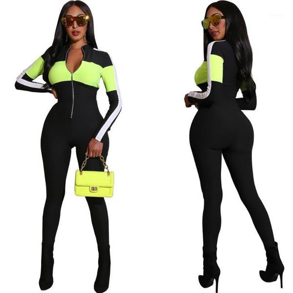 

fashion women streetwear jumpsuit bodycon rompers long sleeve patchwork bodysuit tracksuit femme overalls women jumpsuits1, Black;white