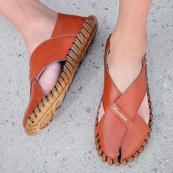 

cimim brand summer genuine leather luxury outdoor beach sandals men 2020 fashion casual shoes comfortable flat manual men shoes1, Black