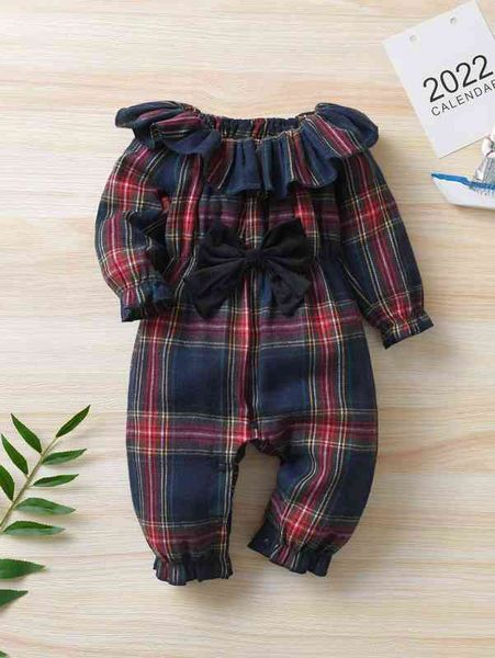 

baby tartan ruffle trim bow front flounce sleeve jumpsuit she, Blue