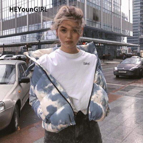 

heyoungirl casual tie dye print bubble coat women autumn winter puffer parka jacket woman fashion hooded overcoat ladies warm1, Black