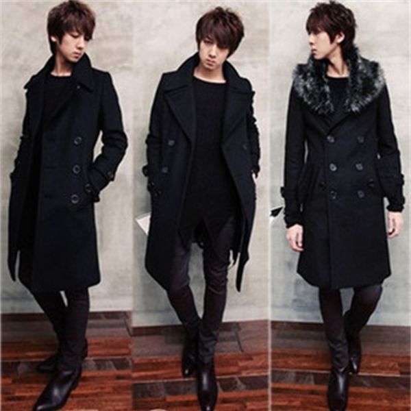 

new men's slim long woollen windbreaker winter coat (hair collar, Tan;black