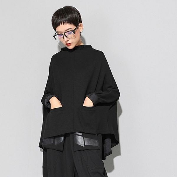 

[eam] new spring stand collar long sleeve black loose irregular big size cloak sweatshirt women fashion tide ji949 201207