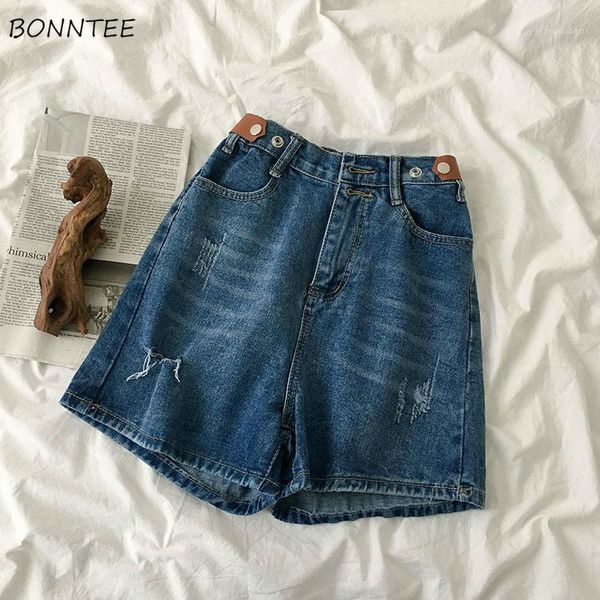 

shorts women high-waist denim stylish hole pockets womens korean style casual all-match students button simple chic retro ripped1, White;black