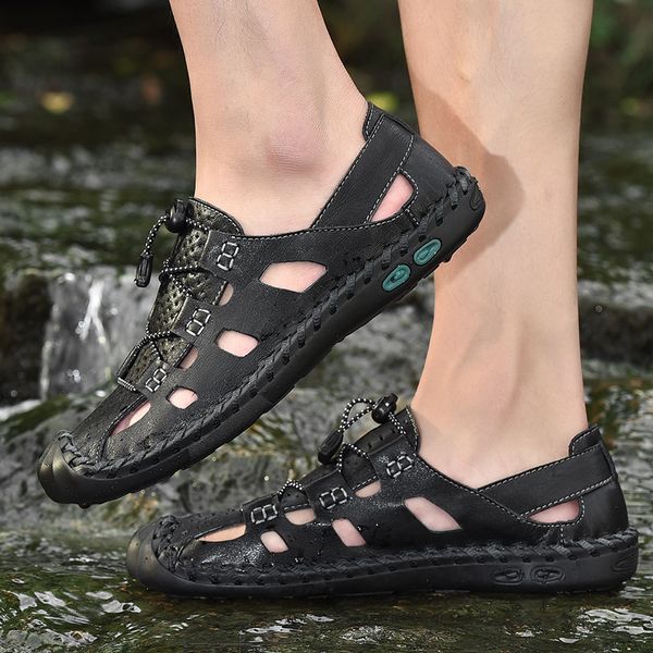 

large size 38-48 genuine leather breathable shoes summer men's sandals fashion summer casual shoes men beach sandalias men shoes y20070, Black