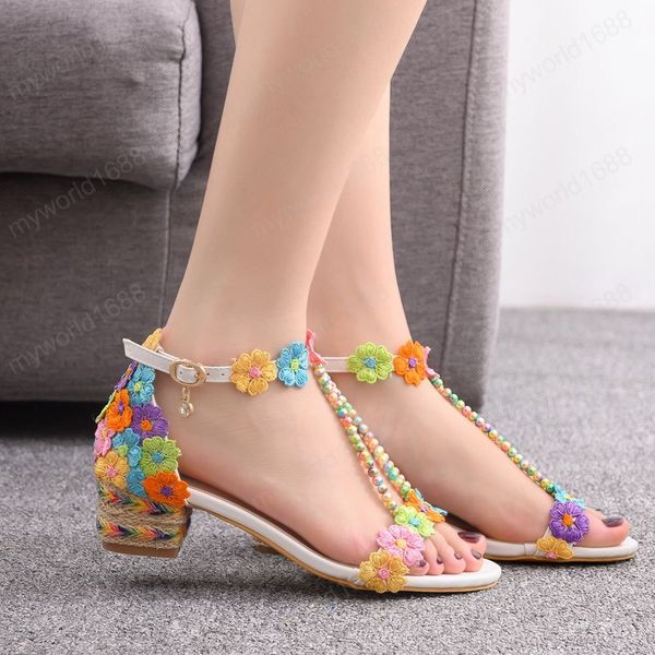 

women wedding shoes sandals white lace flowers tassel bridal fine wedge high heels open toe summer platform pumps, Black