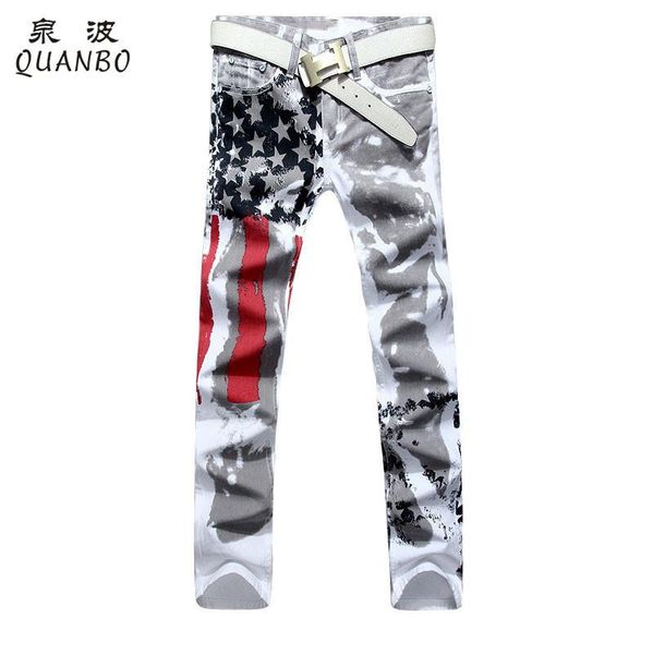 

big size 28-48 brand men's pants 2021 new white printed fashion men jeans slim stretch printing american flag jeans hombre, Blue