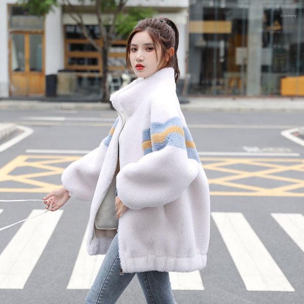 

plus size lamb faux fur coat women winter fashion o collar splicing loose keep warm chaqueta mujer teddy coat white1, Black