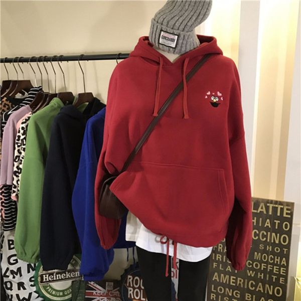 

lyidf запуск объемно-корейский стиль ву свободный вышитые woolsweater fleece- с капюшоном мультфильма руно полярников вышитых утолщенной сви, Black