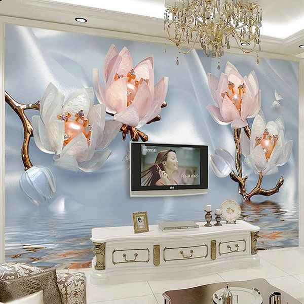 

custom mural self adhesive wallpaper waterproof canvas fabric silk flower 3d jewellery living room tv background wall home decor