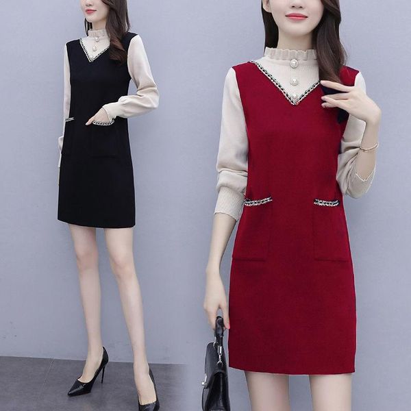 

women 2021 autumn winter new slim bottoming sweater dress female patchwork knitted dresses ladies mid-long warm vestidos d721, Black;gray
