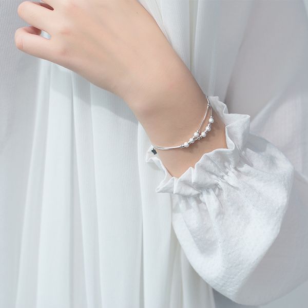 

MIQIAO 925 Sterling Silver Women's Bracelets Female Korean Version Of The Fashion Matte Small Ball Double-layer Chain Jewelry