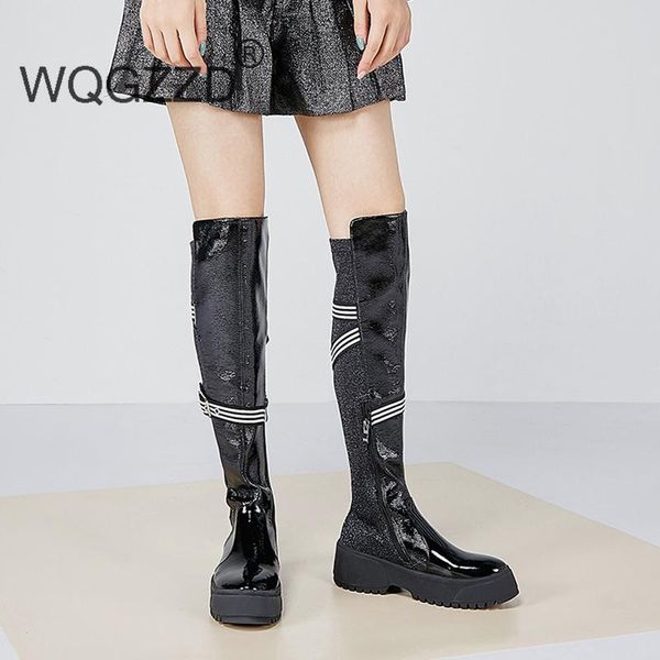 

brand winter shoes women riding boots cow leather metal buckle keep warm long boots thick bottom runway stretch thigh high, Black