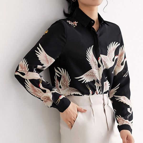 

2020 summer harajuku vintage chic crane printed fashion women blouses shirts long sleeve chiffon geometric loose femme, White