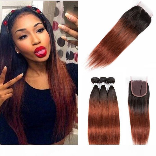 

two tone 1b 33# ombre straight virgin hair 3 4 bundles with lace closure dark auburn peruvian human hair weaves with lace closure, Black;brown