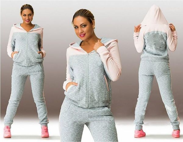 

patchwork hooded zipper suit set 2020 women tracksuit two-piece sport style outfit jogging sweatshirt fitness lounge sportwear1, Gray