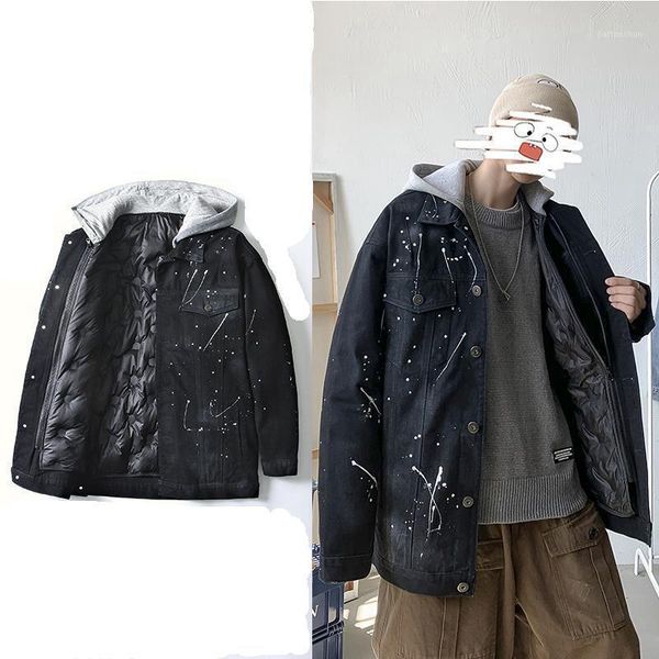 

splash ink denim down jackets winter warm hooded jacket for men plus size loose jeans casual coat down jackets outwear s-5xl1, Black
