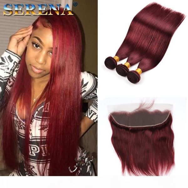 

99j burgundy ombre lace closure straight virgin human hair dark root one tone closure 13*4 inch brazilian hair 3 bundles with closure, Black;brown