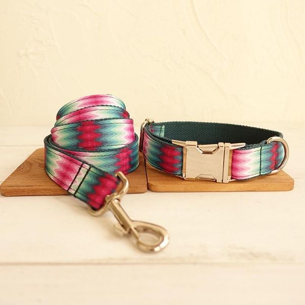 

customized dog collar engraved puppy id tag leash collar set adjustable outdoor fashion print pet leash green peacock1