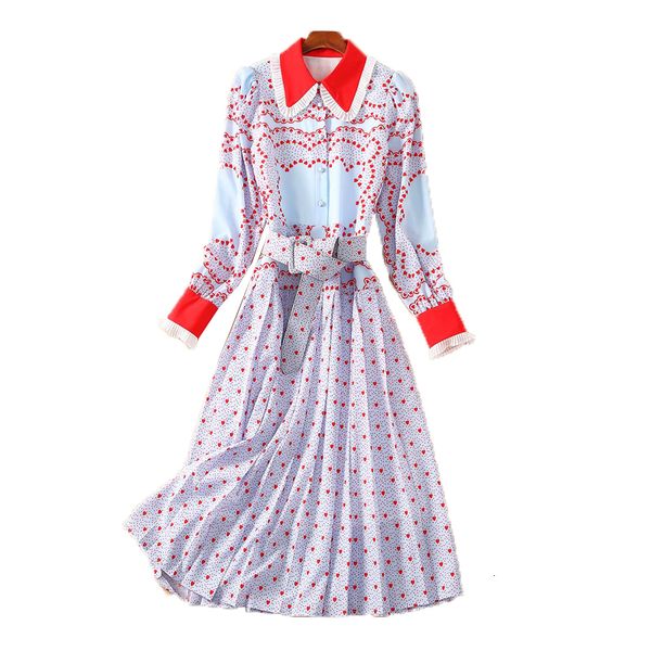 

2021 autumn new vintage style print long sleeve thin belt adjustment temperament plied mid length shirt dress 3ln5, Black;gray