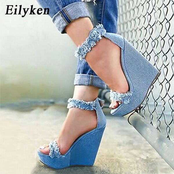 

eilyken 2020 new summer blue denim sandals high heel platform wedges zip female women sandals size 35-40 0928, Black