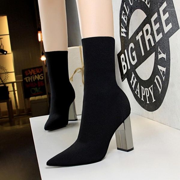 

european and american style metal heel thick heel high short boots feminine nightclub look thin pointed wool short boots1, Black